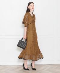 LEJA-配色パイピング総レース花柄パフスリーブワンピースロングドレス美脚効果結婚式 パーティードレス