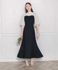 LEJA-レイヤード風異素材シアー切り替えワッフル生地美脚効果ドレス結婚式 パーティードレス