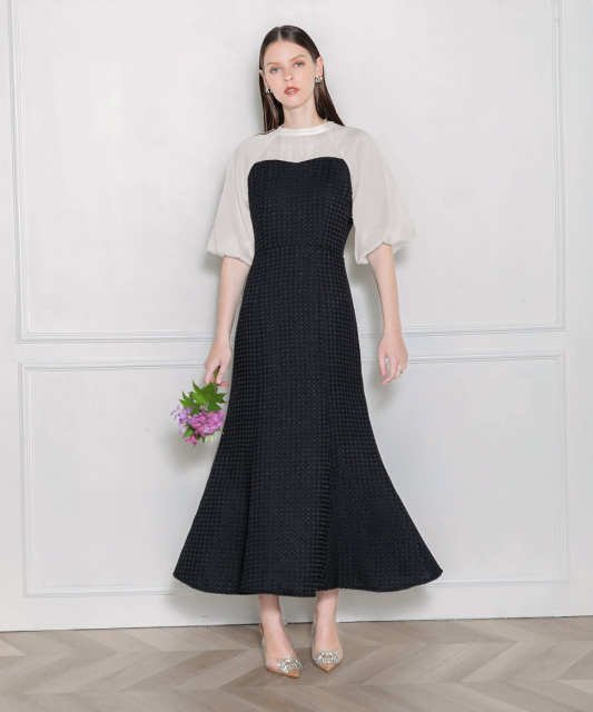 LEJA-レイヤード風異素材シアー切り替えワッフル生地美脚効果ドレス結婚式 パーティードレス