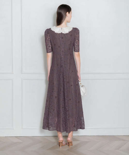 刺繍レース襟付きハイウエスト切り替えAラインワンピース美脚効果  