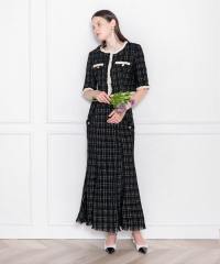 LEJA-ツイード柄半袖ジャケット釦セットアップロング丈マーメイドスカートドレス美脚効果結婚式 パーティードレス