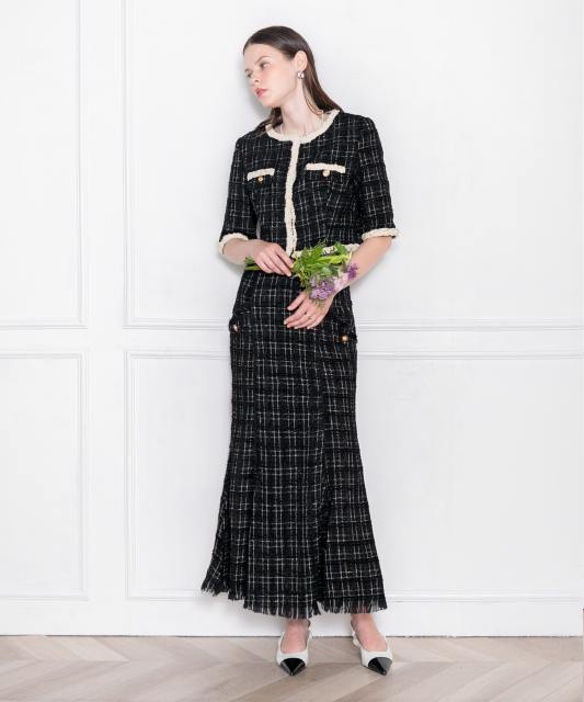 LEJA-ツイード柄半袖ジャケット釦セットアップロング丈マーメイドスカートドレス美脚効果結婚式 パーティードレス