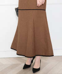 LEJA-ワッフル生地パフスリーブ配色パイピングマーメイドロング丈ドレスワンピース美脚効果結婚式 パーティードレス