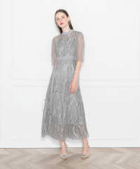 LEJA-スパンコール刺繍レースプチハイネックフリルロングドレスワンピース美脚効果結婚式 パーティードレス