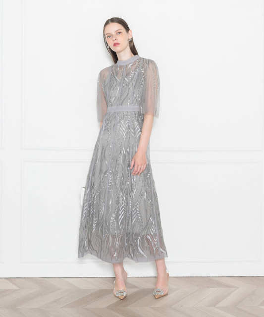 LEJA-スパンコール刺繍レースプチハイネックフリルロングドレスワンピース美脚効果結婚式 パーティードレス