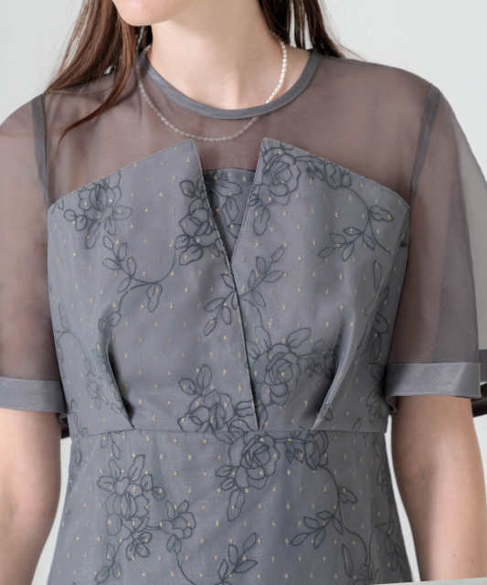 花柄刺繍オーガンジーレース切替えビスチェ風チュールロング丈美脚効果  