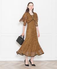 LEJA-配色パイピング総レース花柄パフスリーブワンピースロングドレス美脚効果結婚式 パーティードレス