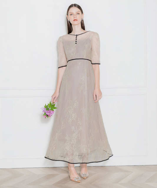 LEJA-総レースバックオープン配色パイピングウエストリボン美脚効果ドレス結婚式 パーティードレス