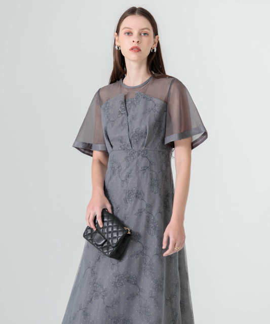 花柄刺繍オーガンジーレース切替えビスチェ風チュールロング丈美脚効果ドレス結婚式 パーティードレス