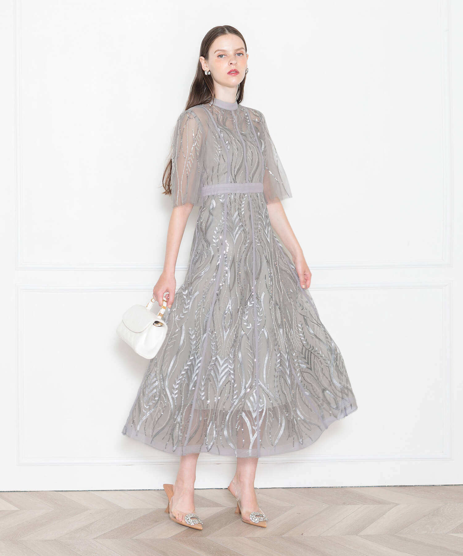 LEJA-スパンコール刺繍レースプチハイネックフリルロングドレスワンピース美脚効果結婚式 パーティードレス