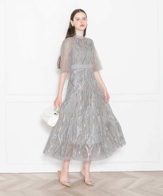 LEJA-スパンコール刺繍レースプチハイネックフリルロングドレスワンピース美脚効果結婚式 パーティードレス