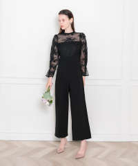 LEJA-プチハイネック後ろリボンボレロ風花柄レース異素材切替パンツドレス美脚効果結婚式 パーティードレス