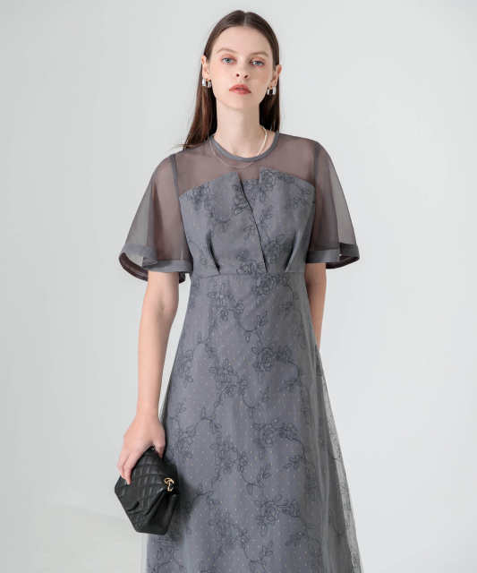 花柄刺繍オーガンジーレース切替えビスチェ風チュールロング丈美脚効果  