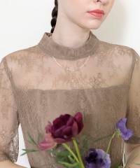 ハイネック花柄レースウエストマーク透けロングドレスワンピース美脚効果結婚式 パーティードレス