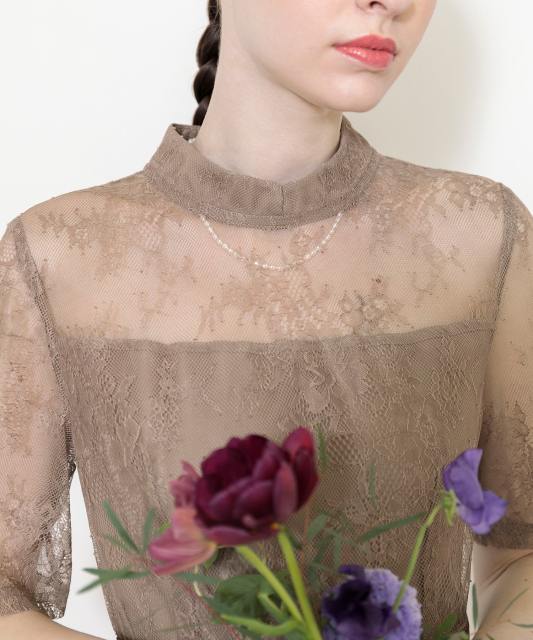 ハイネック花柄レースウエストマーク透けロングドレスワンピース美脚効果結婚式 パーティードレス