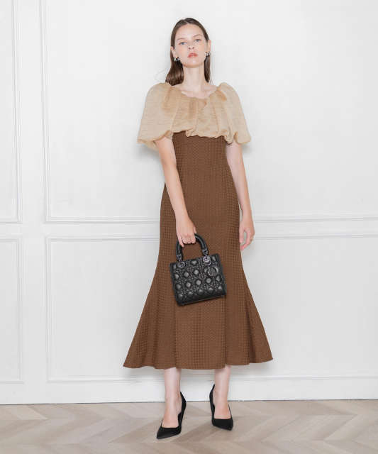 2WAYオフショルダーパフスリーブワッフル生地マーメイドワンピース  