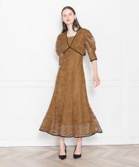 LEJA-配色パイピング総レース花柄パフスリーブワンピースロングドレス美脚効果結婚式 パーティードレス