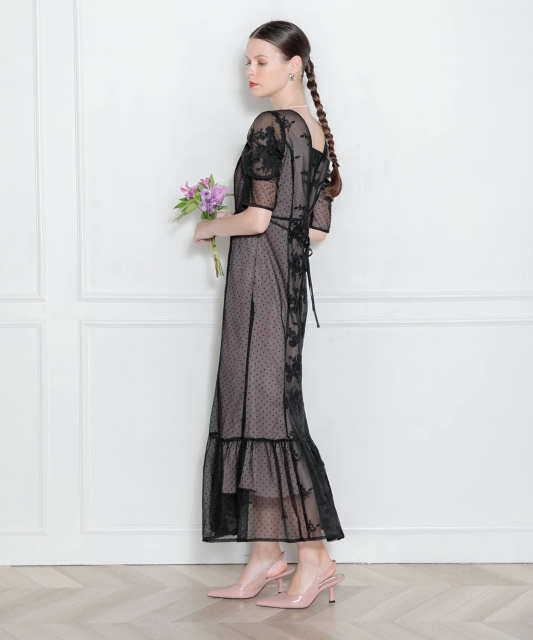 LEJA-異素材レースパフスリーブ切り替えウエストリボン美脚効果ドレス結婚式 パーティードレス