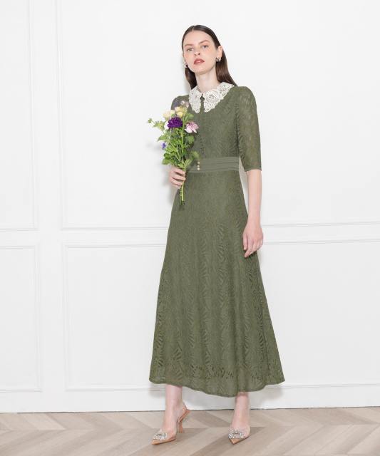 レースビッグカラー花柄刺繍ウエストマークロングフレアドレスワンピース美脚効果結婚式 パーティードレス