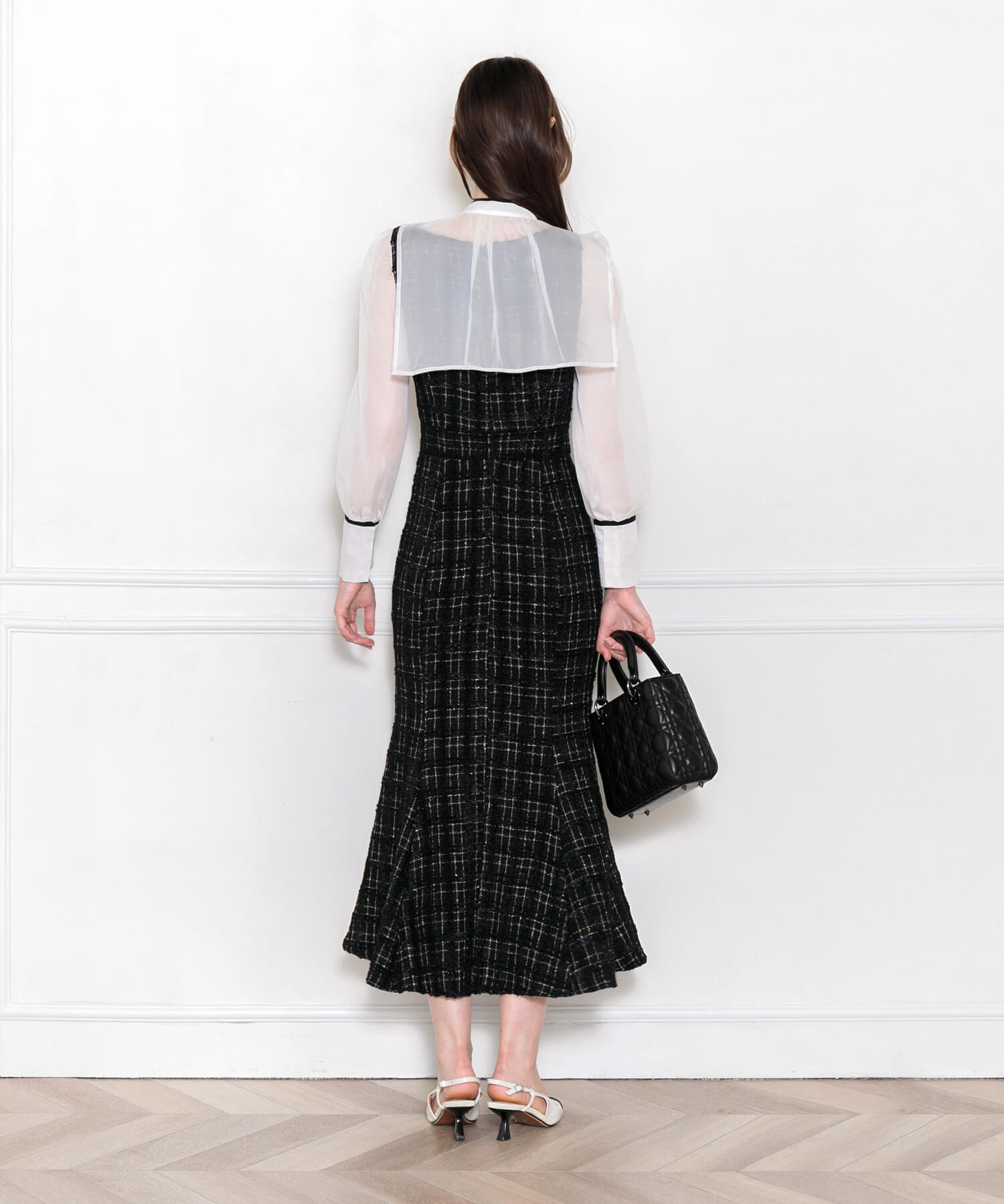 2WAY襟付き異素材マーメードロングドレスワンピース美脚効果結婚式