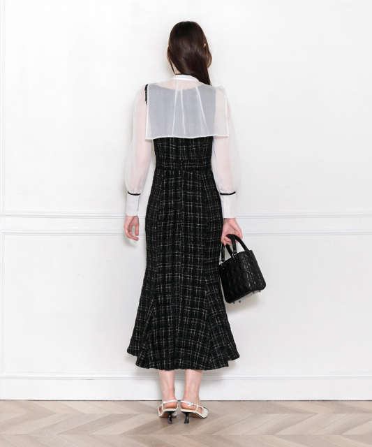 LEJA-2WAY襟付き異素材マーメードロングドレスワンピース美脚効果結婚式 パーティードレス