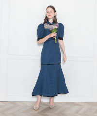 LEJA-ワッフル生地パフスリーブ配色パイピングマーメイドロング丈ドレスワンピース美脚効果結婚式 パーティードレス