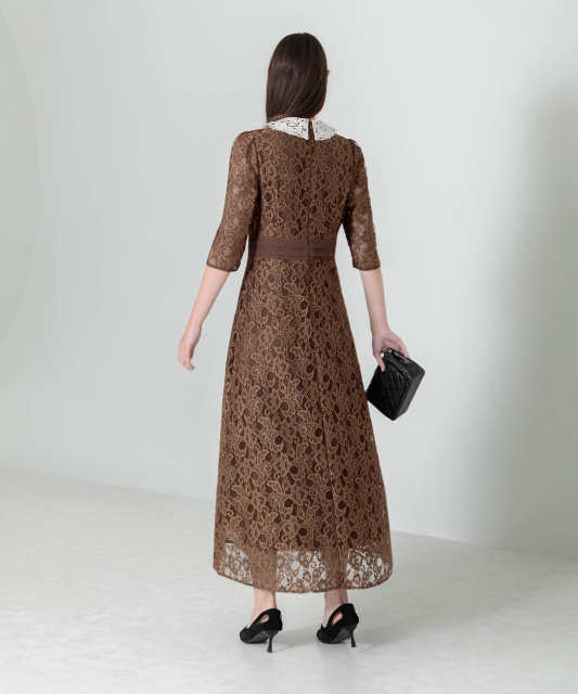 レースビッグカラー花柄刺繍ウエストマークロングフレアドレスワンピース美脚効果結婚式 パーティードレス