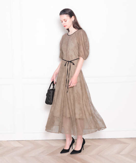 パフスリーブウエストリボン総レースロングドレスワンピース美脚  