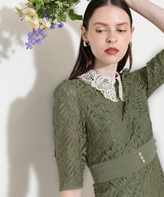 レースビッグカラー花柄刺繍ウエストマークロングフレアドレスワンピース美脚効果結婚式 パーティードレス