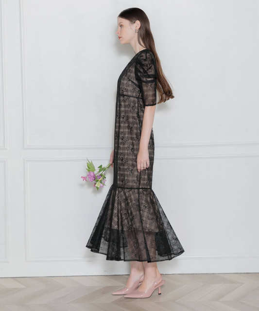 LEJA-チェック柄刺繍総レース切り替えマーメイドワンピース美脚効果ドレス結婚式 パーティードレス