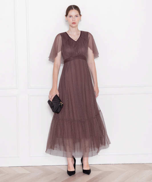 LEJA-総レースVネック袖ケープ風ワンピース美脚効果ドレス結婚式 パーティードレス