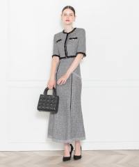 LEJA-ツイード柄半袖ジャケット釦セットアップロング丈マーメイドスカートドレス美脚効果結婚式 パーティードレス