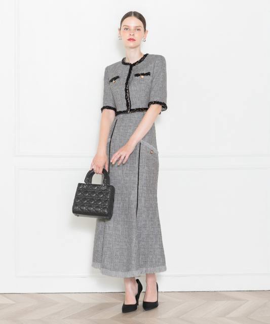 LEJA-ツイード柄半袖ジャケット釦セットアップロング丈マーメイドスカートドレス美脚効果結婚式 パーティードレス