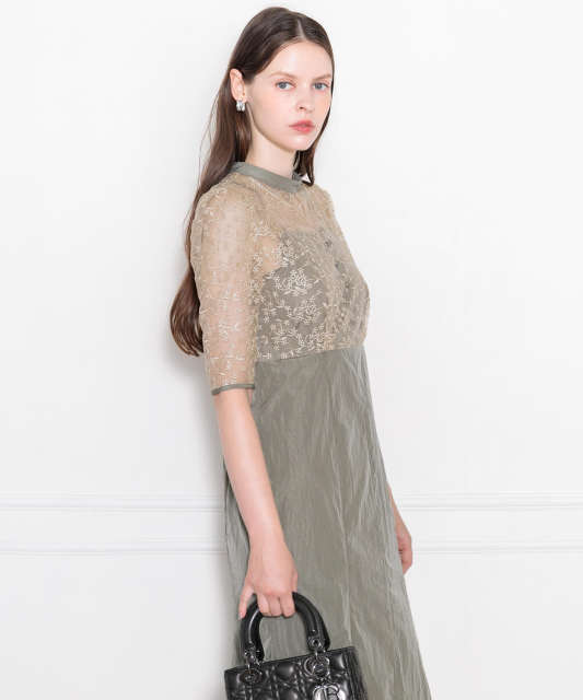 LEJA-レース花柄透け切り替えロング丈マーメイドフレアドレスワンピース結婚式 パーティードレス