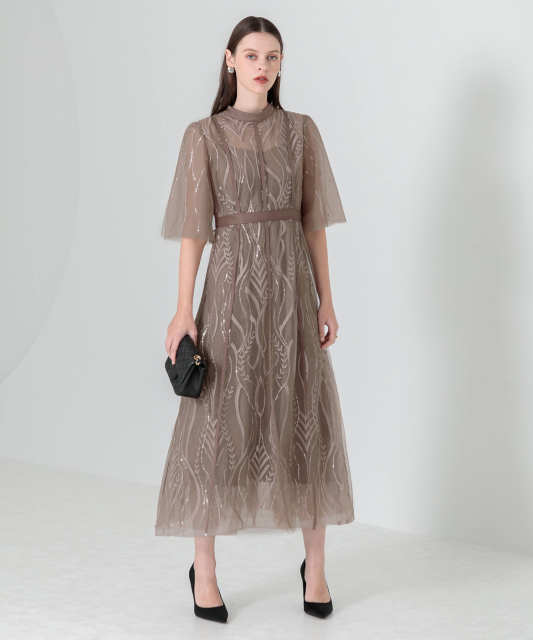 スパンコール刺繍レースプチハイネックフリルロングドレスワンピース美脚効果結婚式 パーティードレス