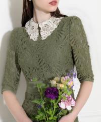 レースビッグカラー花柄刺繍ウエストマークロングフレアドレスワンピース美脚効果結婚式 パーティードレス
