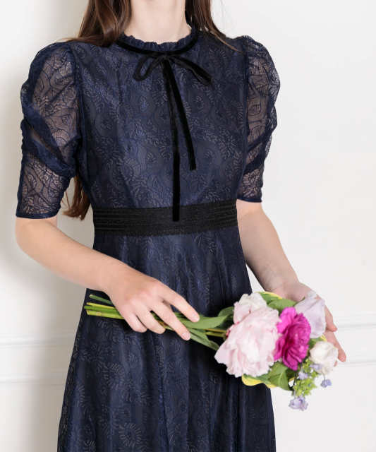 LEJA-ウエストマークパフスリーブ総レースロングドレスワンピース美脚効果結婚式 パーティードレス