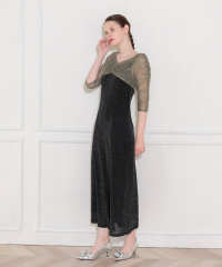 レース切替透けキラキラAラインロングドレスワンピース美脚効果結婚式 パーティードレス