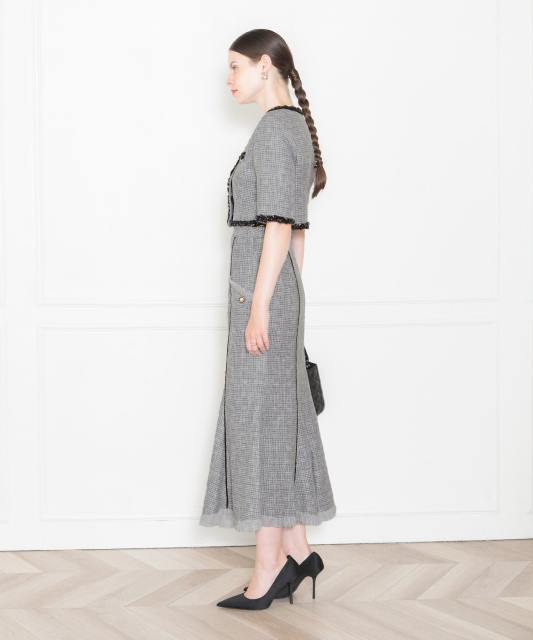 LEJA-ツイード柄半袖ジャケット釦セットアップロング丈マーメイドスカートドレス美脚効果結婚式 パーティードレス