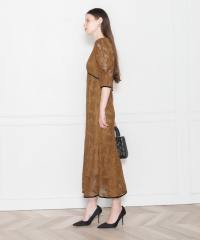 LEJA-配色パイピング総レース花柄パフスリーブワンピースロングドレス美脚効果結婚式 パーティードレス