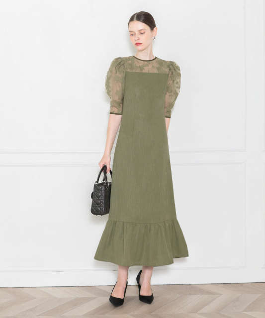 LEJA-花柄レースパフスリーブ裾フレア異素材切替ワンピース美脚効果ドレス結婚式 パーティードレス