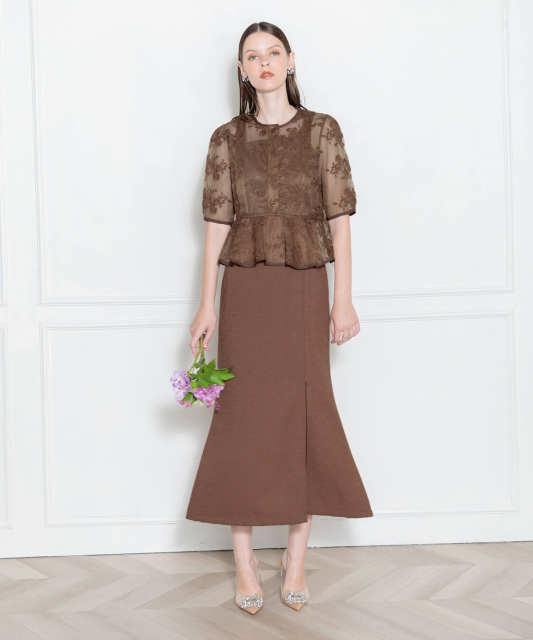 LEJA-配色パイピング花柄レースペプラムセットアップワンピース美脚効果セットアップドレス結婚式 パーティードレス