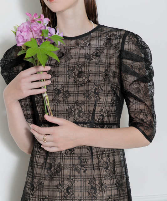 LEJA-チェック柄刺繍総レース切り替えマーメイドワンピース美脚効果ドレス結婚式 パーティードレス
