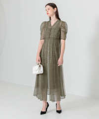 LEJA-花柄総レースパフスリーブウエストリボンキャミワンピースセットアップ美脚効果ドレス結婚式 パーティードレス