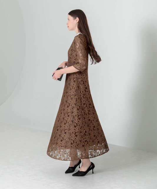 レースビッグカラー花柄刺繍ウエストマークロングフレアドレスワンピース美脚効果結婚式 パーティードレス