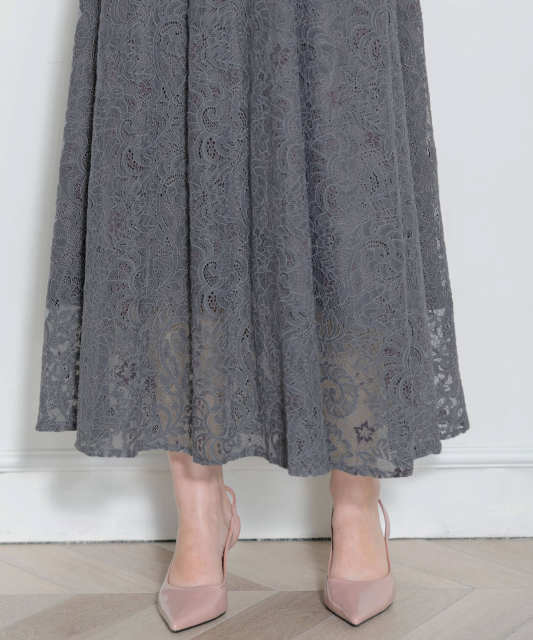 刺繍レース襟付きハイウエスト切り替えAラインワンピース美脚効果ドレス結婚式 パーティードレス