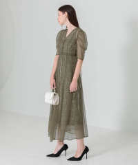 LEJA-花柄総レースパフスリーブウエストリボンキャミワンピースセットアップ美脚効果ドレス結婚式 パーティードレス