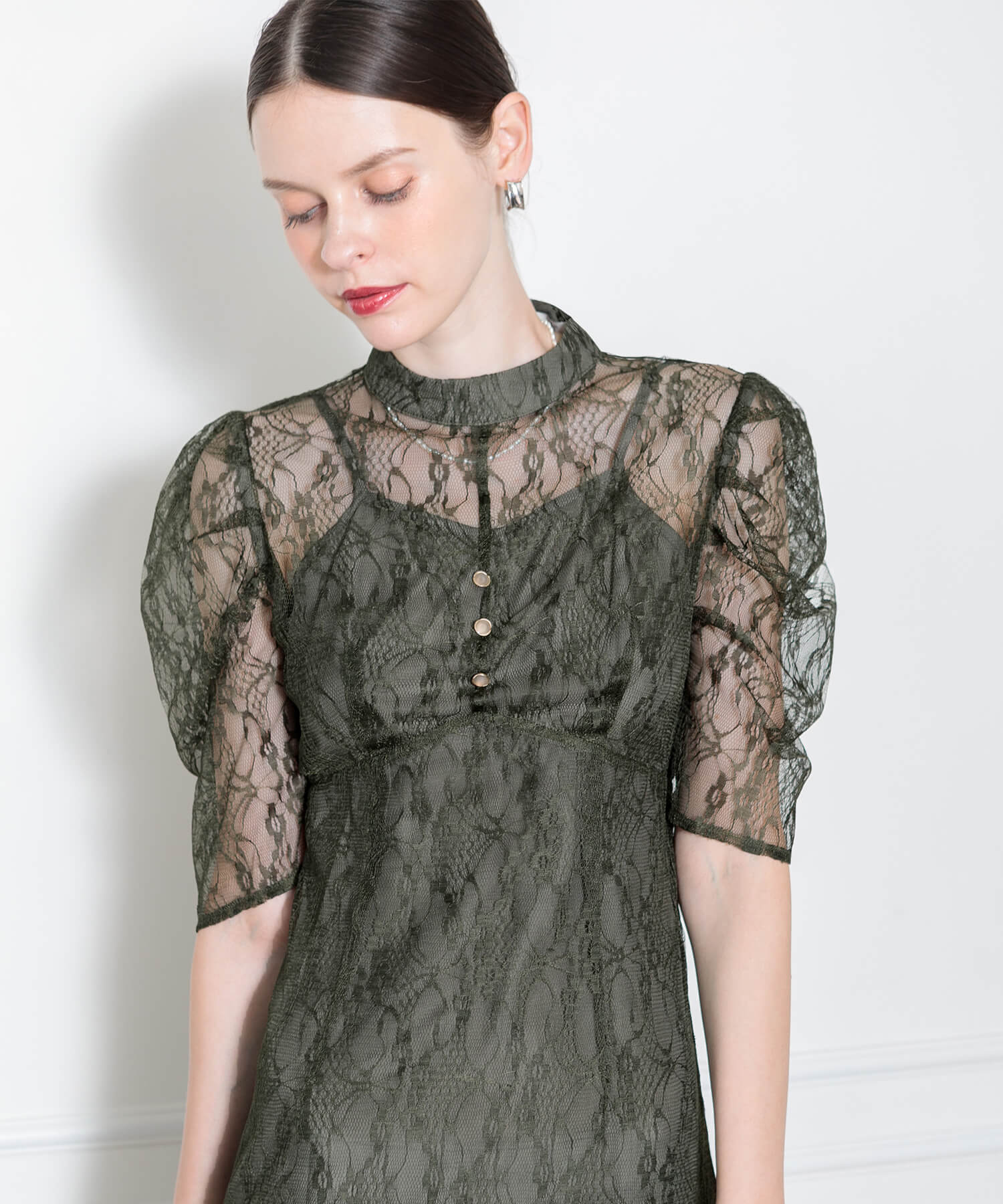 パフスリーブウエストリボン総レースキャミソールワンピースマーメイド