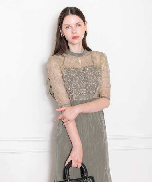 LEJA-レース花柄透け切り替えロング丈マーメイドフレアドレスワンピース結婚式 パーティードレス