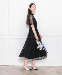 ハイネック花柄レースウエストマーク透けロングドレスワンピース美脚効果結婚式 パーティードレス